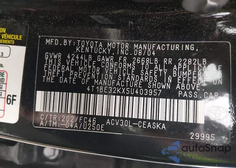 2005 Toyota Camry Se z USA, uszkodzony, nr VIN 4T1BE32KX5U403957